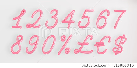 3D Pink Script Number Set 1,2,3,4,5,6,7,8,9,zero,dollar, pound, euro and percentage symbol on light background. 3D Pink Script Number Set 1,2,3,4,5,6,7,8,9,zero,dollar, pound, euro and percentage symbol on light background. 115995310