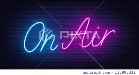 On Air Script Neon Sign on brick wall background. On Air Script Neon Sign on brick wall background. 115995321