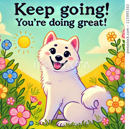 Illustration of a white Shiba Inu that can be used for a flower message card 115995383