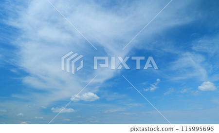 Sky with several layers of clouds moving in different directions. Sun rays at sunshine day. Time lapse. 115995696