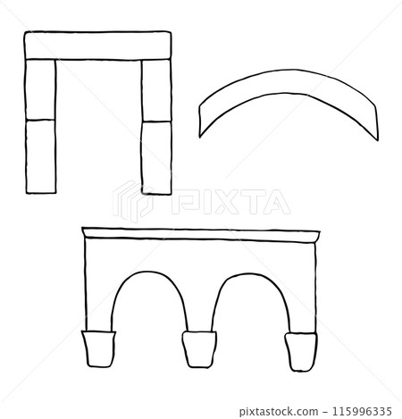 Colonnade and antique stone arches from Ancient Greece and the Roman Empire vector illustration set. Black and white line architectural elements in simple flat style 115996335