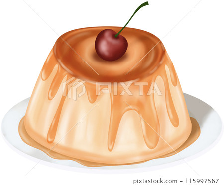 A pudding topped with a red cherry. 115997567