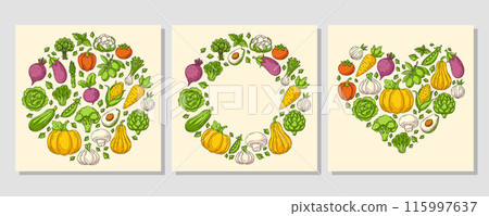 Set of square card heart and round shape form with farm fresh vegetables and greens. Veggies vector green colorful icons, isolated background. Organic, natural products. For poster, menu, social media 115997637