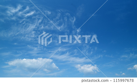 Blue sky with cumulus and cirrus on different layers clouds. Beautiful sky with clouds background. Timelapse. 115997678