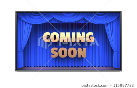 Coming Soon poster with stage curtains 3D illustration Coming Soon poster with stage curtains 3D illustration 115997788