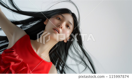 一個穿著紅色連身裙的女人的肖像 115997874