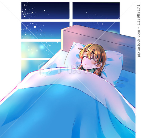 A woman with a gloomy expression in bed with her eyes closed 115998171