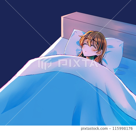 A woman with a gloomy expression in bed with her eyes closed 115998176