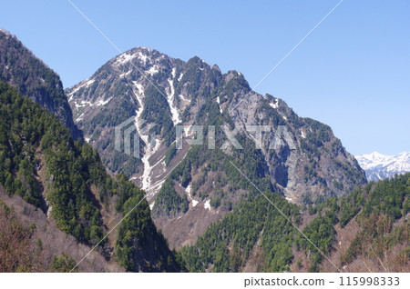 Tateyama Kurobe Alpine Route in early May - View of Kurobebeyama Minami Peak from Kurobe Dam 115998333