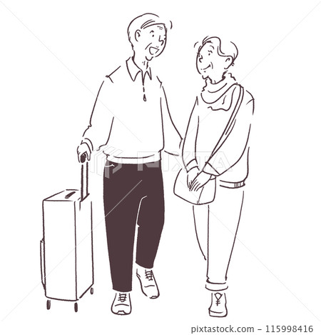 Simple line drawing transparent illustration of an elderly couple traveling 115998416