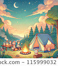 People enjoying a bonfire at a campsite at night 115999032