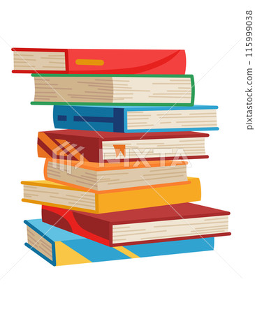 High book stacks or pile. Library textbooks and school literature heaps, dictionaries. Bookstore advertise. Cartoon stacked books angle view with different colorful covers isolated on white 115999038