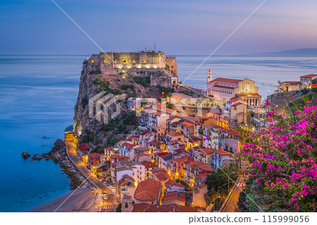Scilla, Italy on the Mediterranean coast at twilight 115999056