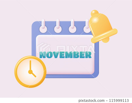 3d calendar icon. November. Daily schedule planner. Calendar events plan, work planning concept. 3d cartoon simple vector illustration 115999113