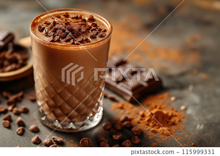 Chocolate milkshake with whipped cream on wooden board dessert concept Chocolate milkshake with whipped cream on wooden board dessert concept 115999331
