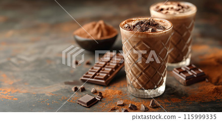 Chocolate milkshake with whipped cream on wooden board dessert concept 115999335