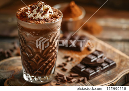 Chocolate milkshake with whipped cream on wooden board dessert concept 115999336