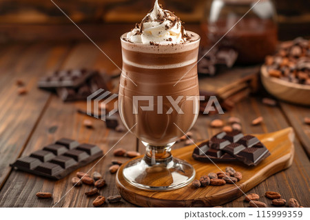 Chocolate milkshake with whipped cream on wooden board dessert concept 115999359