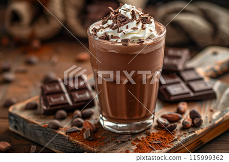 Chocolate milkshake with whipped cream on wooden board dessert concept Chocolate milkshake with whipped cream on wooden board dessert concept 115999362