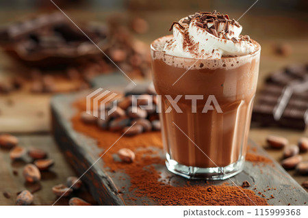 Chocolate milkshake with whipped cream on wooden board dessert concept 115999368