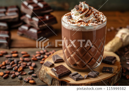 Chocolate milkshake with whipped cream on wooden board dessert concept 115999382