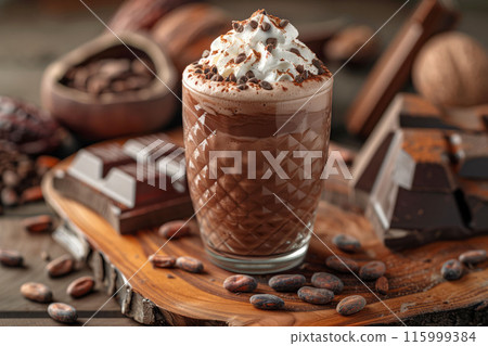 Chocolate milkshake with whipped cream on wooden board dessert concept 115999384