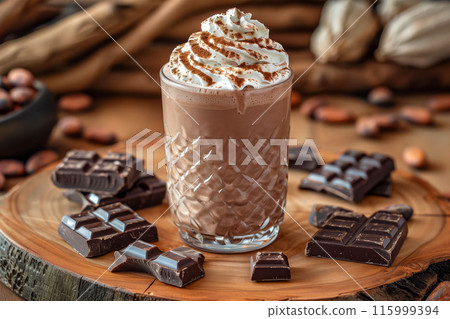 Chocolate milkshake with whipped cream on wooden board dessert concept 115999394