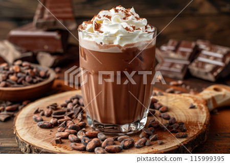 Chocolate milkshake with whipped cream on wooden board dessert concept 115999395