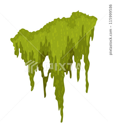 Cartoon jungle moss shape. Green swamp moss, forest hanging and creeping lichen. Rainy forest flora. Marsh plant for computer games isolated on white. Flat vector illustration Cartoon jungle moss shape. Green swamp moss, forest hanging and creeping lichen. Rainy forest flora. Marsh plant for computer games isolated on white. Flat vector illustration 115999586