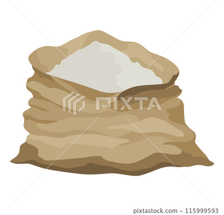 Burlap farmer bag with flour, rice or salt. Agricultural product. Farm production in brown textile bale, open sack with product inside. Cartoon vector icon Burlap farmer bag with flour, rice or salt. Agricultural product. Farm production in brown textile bale, open sack with product inside. Cartoon vector icon 115999593