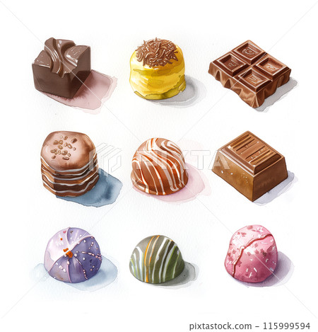 白色背景下各種巧克力的水彩插圖 白色背景下各種巧克力的水彩插圖 115999594