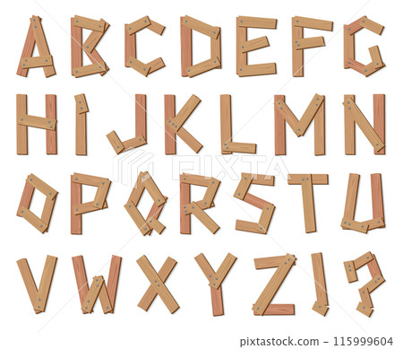 Wooden alphabet font set, A to Z. Texture letters isolated on white, vector illustration. Typography typeface made of wooden planks Wooden alphabet font set, A to Z. Texture letters isolated on white, vector illustration. Typography typeface made of wooden planks 115999604