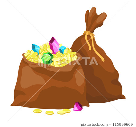 Treasure gold coins. Old sack full of shiny royal gold and gemstones. Gold treasure, shiny savings, golden coins isolated on white background. Vector cartoon icon 115999609