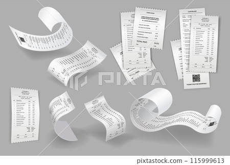 Payment check and receipts with shadow. Set of curved financial paper, purchase invoice. Buying, bill or calculate pay. Receipt the seller form Payment check and receipts with shadow. Set of curved financial paper, purchase invoice. Buying, bill or calculate pay. Receipt the seller form 115999613