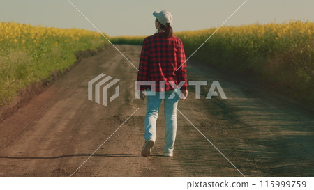 Farmer In Field. Inspecting His Harvest. Girl Walking Outdoor With Blooming Rapeseed Field On Background. Organic Vegetables. Enjoy Cinematic Nature. Farmer In Field. Inspecting His Harvest. Girl Walking Outdoor With Blooming Rapeseed Field On Background. Organic Vegetables. Enjoy Cinematic Nature. 115999759