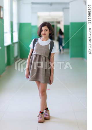 Beautiful girl in a school corridor posing for the camera Beautiful girl in a school corridor posing for the camera 115999805