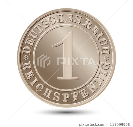 1 Reichspfennig, Deutsches Reich of Germany outlined in vector. The reverse side of the coin is isolated on a white background. Vector. 115999908