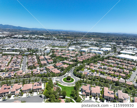 Aerial view of identical condominium houses in Lake Forest, California 115999930