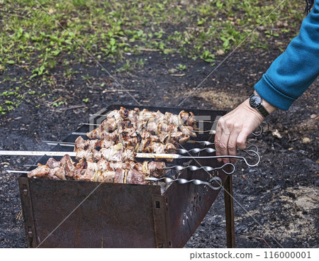 Preparation of juicy meat shish kebab on a spit Preparation of juicy meat shish kebab on a spit 116000001