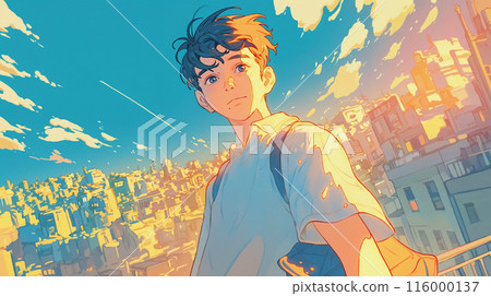 Young man looking back at the city 116000137
