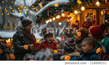 The narrator reads a storybook to a group of children at the Christmas marke 116000231
