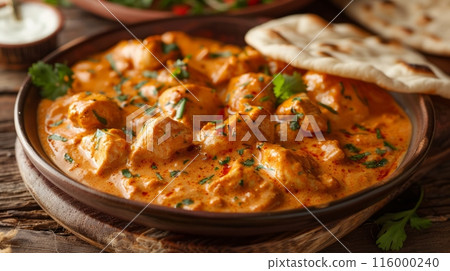Close-up of a mouthwatering plate of buttered chicken with naan bread 116000240