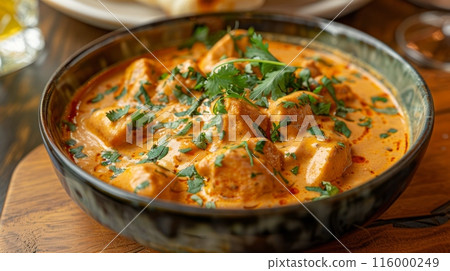 Close-up of a mouthwatering plate of buttered chicken with naan bread 116000249