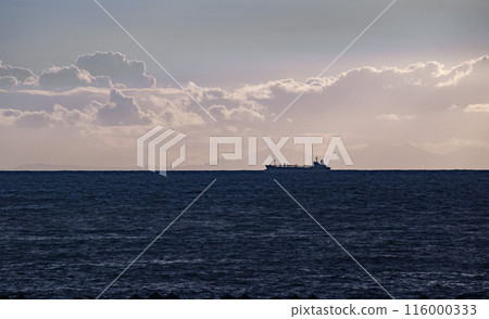 Summer evening: A ship sailing along the horizon 116000333