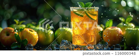 Iced tea with Green Apple, surrounded by apples and ice cubes 116000348