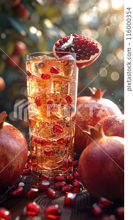 Iced tea with Pomegranate, surrounded by Pomegranates and ice cubes 116000354
