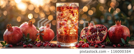 Iced tea with Pomegranate, surrounded by Pomegranates and ice cubes 116000384