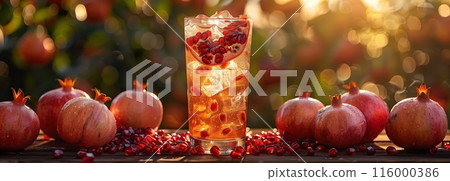 Iced tea with Pomegranate, surrounded by Pomegranates and ice cubes 116000386