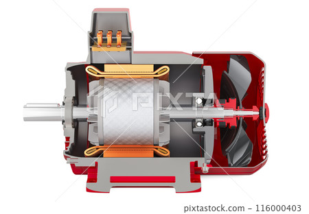 Cross section of electric motor, side view. 3D rendering Cross section of electric motor, side view. 3D rendering 116000403