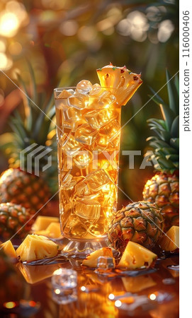 Iced tea with Pineapples, surrounded by pineapple and ice cubes Iced tea with Pineapples, surrounded by pineapple and ice cubes 116000406
